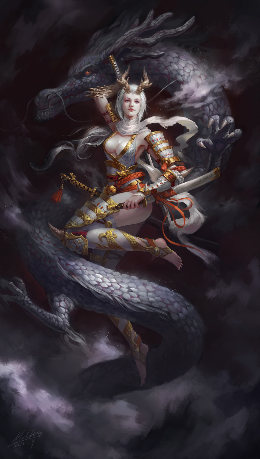 1girl, absurdres, breasts, cleavage, dragon, dragon_horns, full_body, highres
