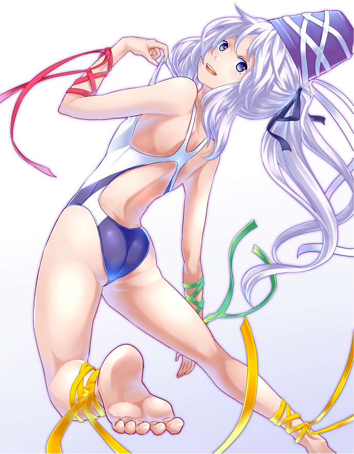 1girl, :d, adapted_costume, alternate_costume, arm_ribbon, ass, back, bangs