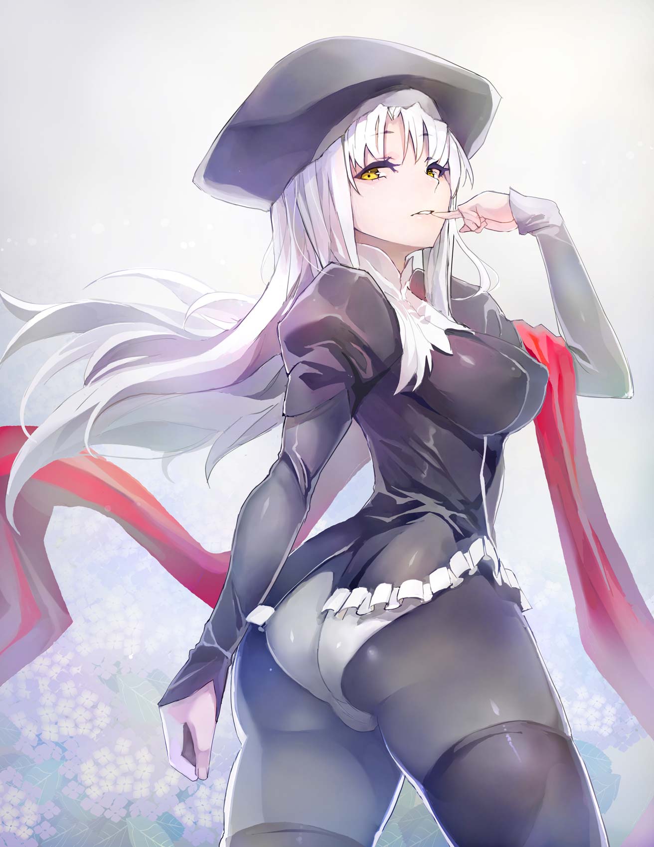 1girl, ass, black_legwear, breasts, caren_hortensia, fate/hollow_ataraxia, fate_(series), finger_to_mouth