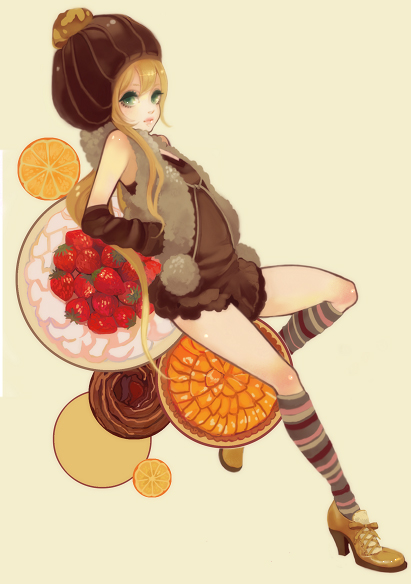 blonde_hair, food, green_eyes, hat, mokaffe, original, socks, strawberries