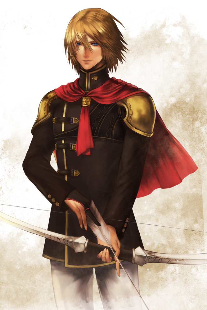 1boy, arrow, blonde_hair, blue_eyes, bow_(weapon), cape, final_fantasy, final_fantasy_type-0