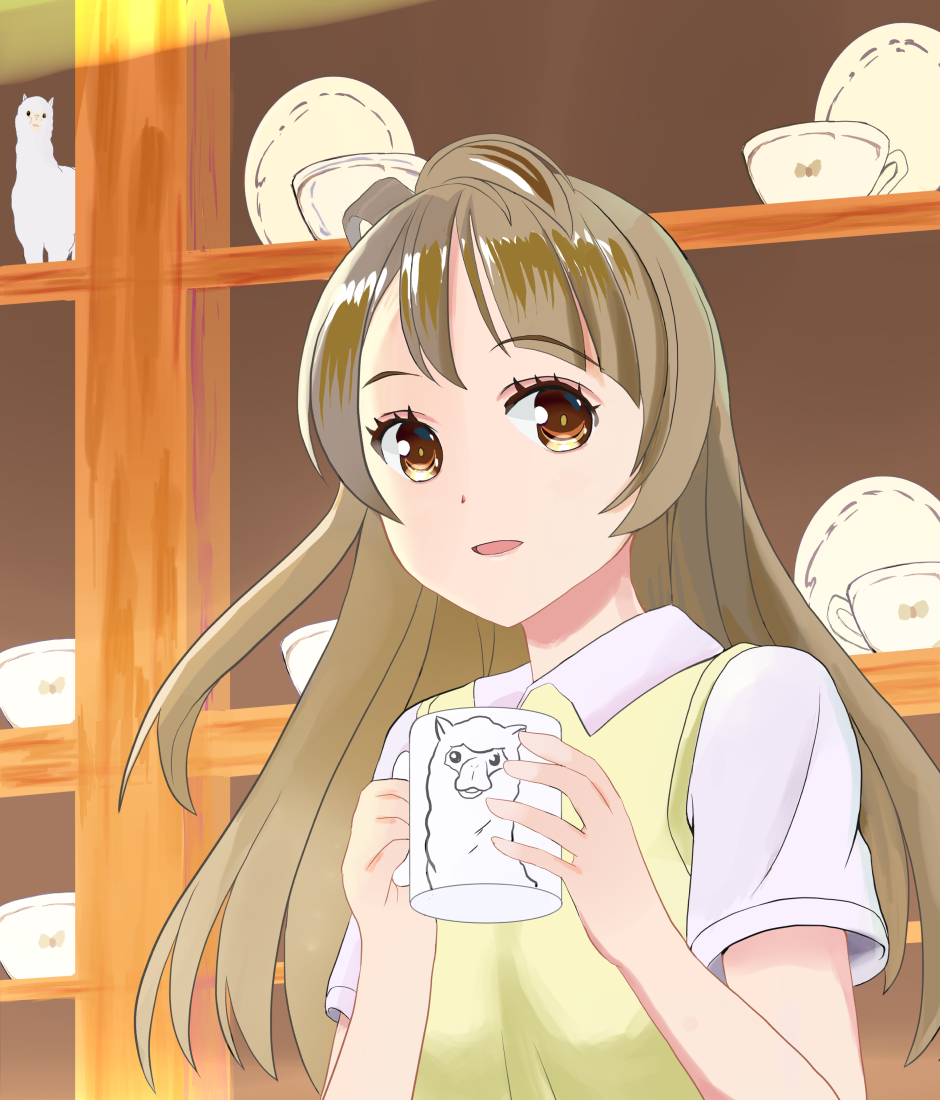 1girl, alpaca, brown_eyes, brown_hair, coffee_mug, cup, hinomoto_souya, indoors