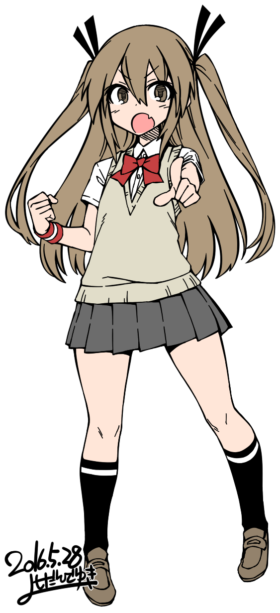 1girl, artist_name, black_legwear, brown_eyes, brown_hair, dated, fang, full_body
