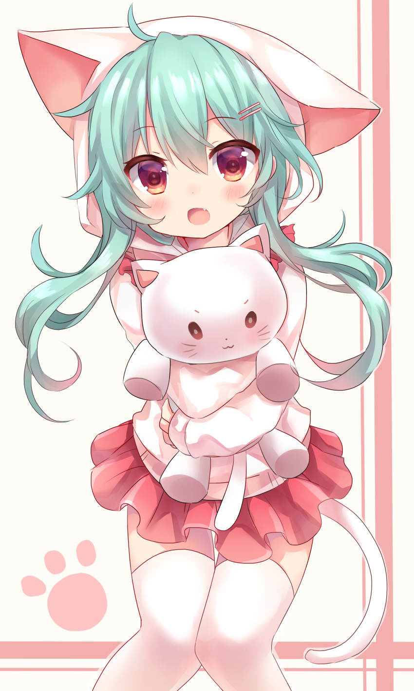 1girl, absurdres, animal_ears, animal_hood, blush, cat_ears, fang, green_hair