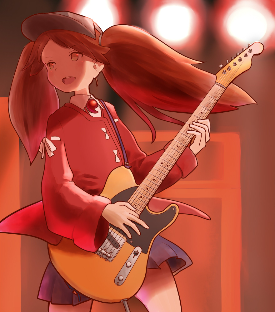 1girl, brown_hair, electric_guitar, flat_chest, guitar, hasukawa_isaburou, instrument, japanese_clothes