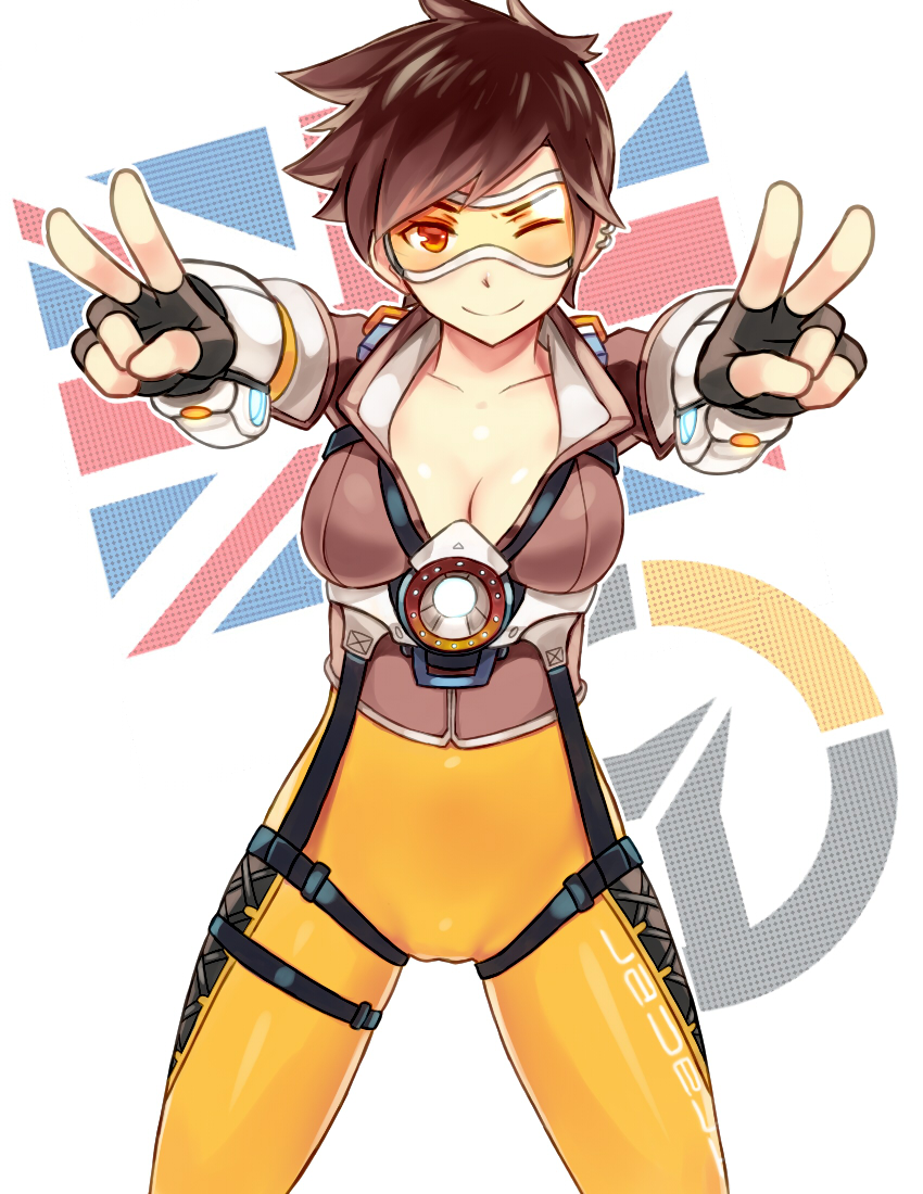 1girl, arms_up, bangs, black_gloves, bodysuit, bomber_jacket, breasts, brown_eyes, brown_hair, brown_jacket, cleavage, clothes_writing, collarbone, cowboy_shot, cross-laced_clothes, double_v, earrings, elbow_gloves, fingerless_gloves, gloves, goggles, harness, jacket, jewelry, large_breasts, leather, leather_jacket, looking_at_viewer, one_eye_closed, overwatch, pants, short_hair, short_sleeves, sieyarelow, single_earring, sleeves_rolled_up, smile, solo, spiky_hair, thighs, tight, tight_pants, tracer_(overwatch), union_jack, v, vambraces, watermark