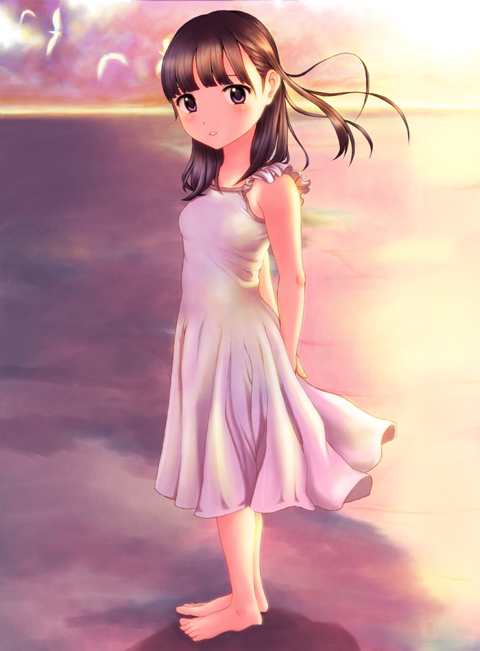 1girl, bare_shoulders, barefoot, beach, bird, blush, brown_eyes, brown_hair