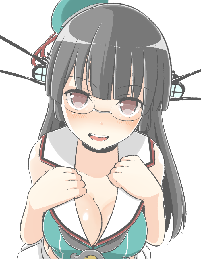 1girl, bare_shoulders, black_hair, blush, breasts, choker, choukai_(kantai_collection), commentary_request