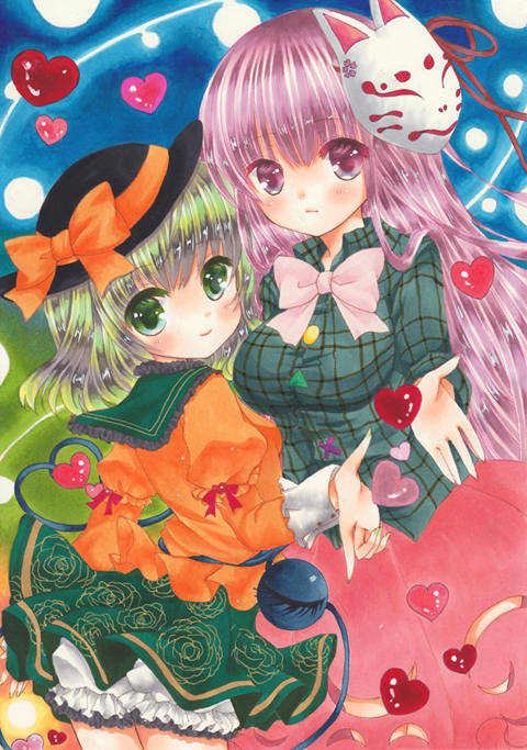 2girls, asa1014, bloomers, blush, fox_mask, green_eyes, green_hair, hata_no_kokoro, heart, heart_of_string, komeiji_koishi, long_hair, looking_back, mask, multiple_girls, pink_eyes, pink_hair, skirt, third_eye, touhou, traditional_media, underwear