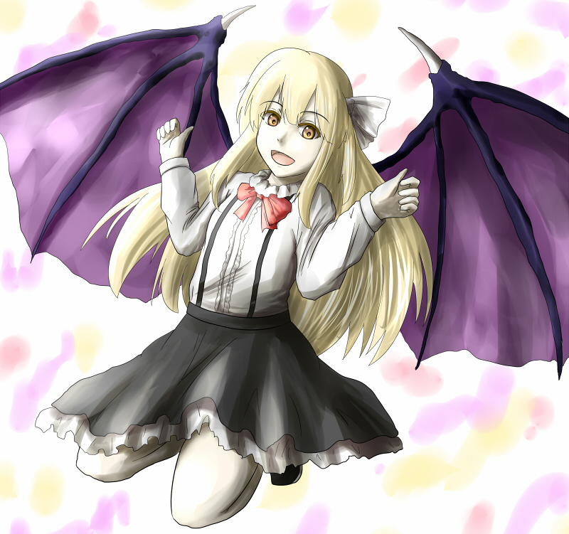 1girl, ao-shiba, bat_wings, blonde_hair, kurumi_(touhou), legs_up, long_hair, open_mouth