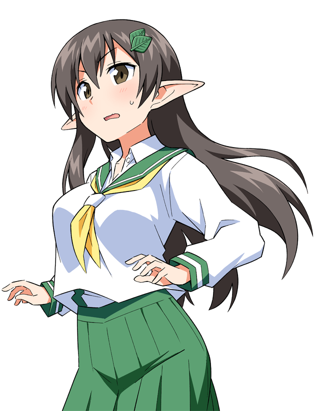 1girl, anbe_masahiro, breasts, brown_eyes, brown_hair, elf, green_skirt, hair_ornament, kazamori-san_(species_domain), large_breasts, leaf_hair_ornament, monochrome_background, pointy_ears, school_uniform, skirt, species_domain, sweatdrop, white_background