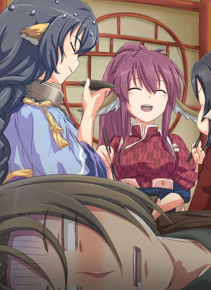 1boy, 3girls, alcohol, animal_ears, black_hair, blush, braid, breasts