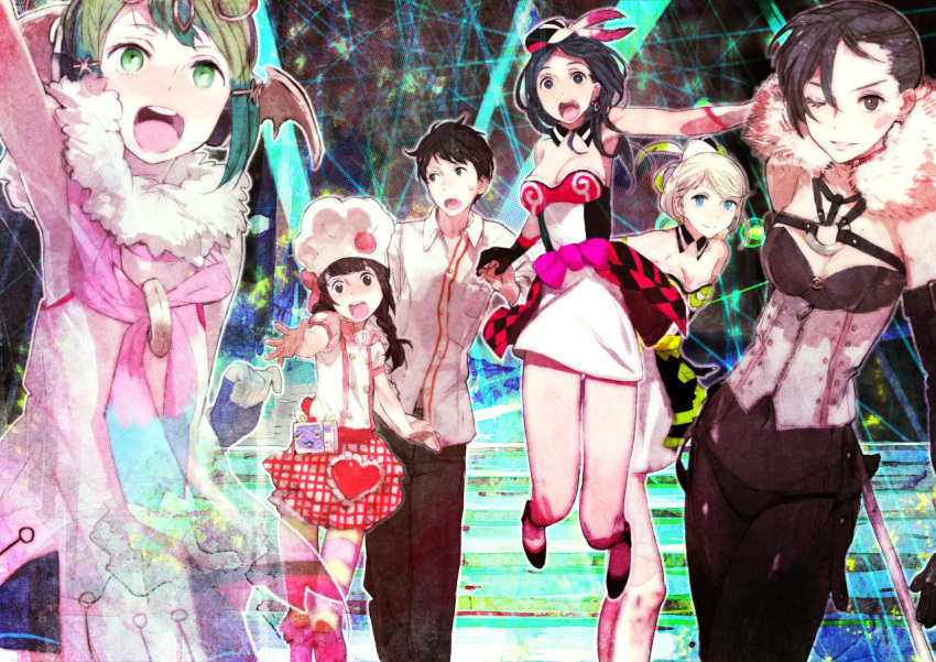 1boy, 5girls, aoi_itsuki, black_eyes, black_hair, blonde_hair, blue_eyes, braid