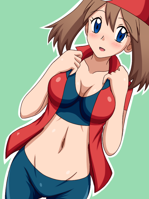 1girl, bike_shorts, blue_eyes, breasts, brown_hair, cleavage, collarbone, groin
