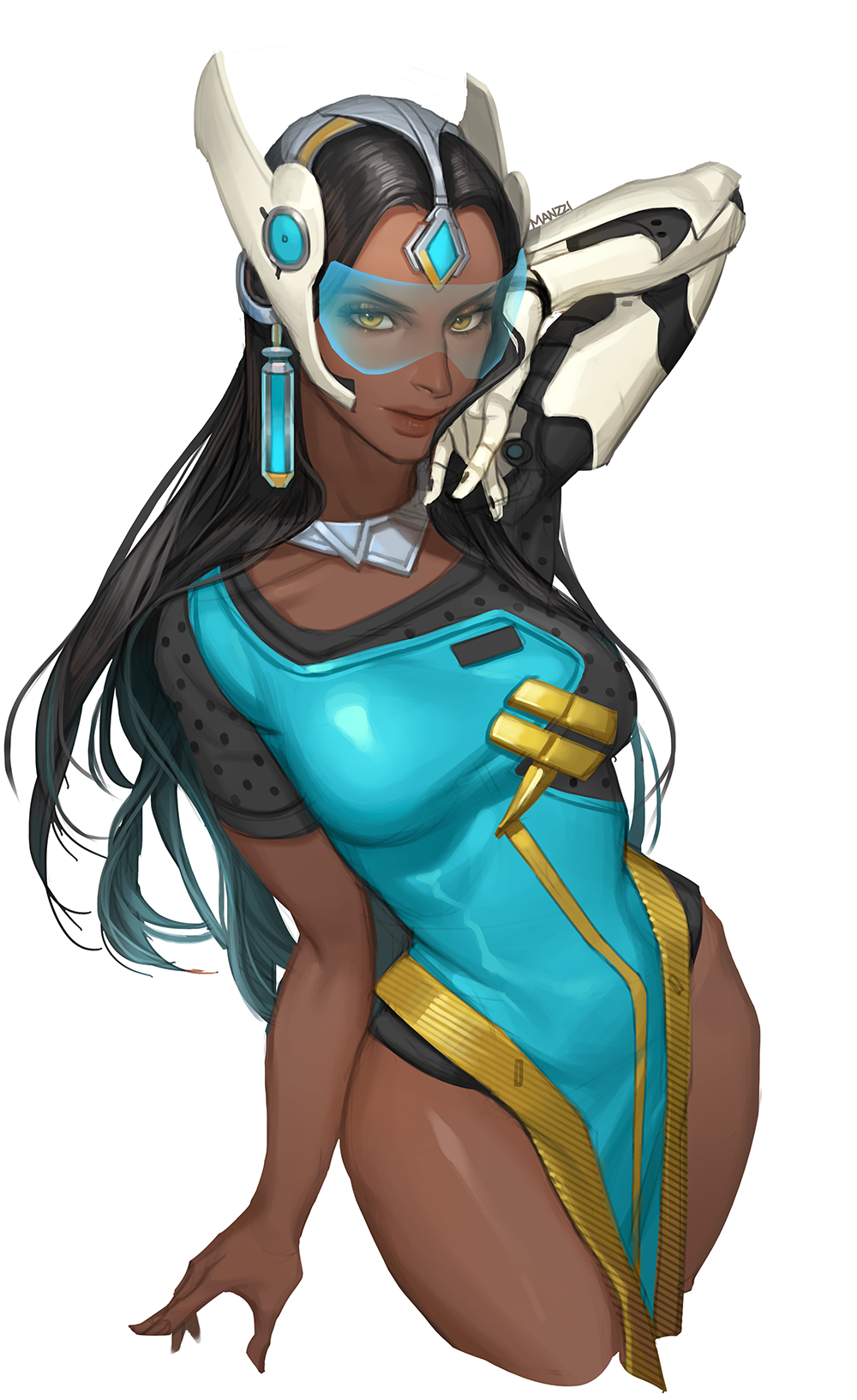 1girl, asymmetrical_clothes, black_hair, black_shirt, blue_dress, breasts, cyborg, dark_skin