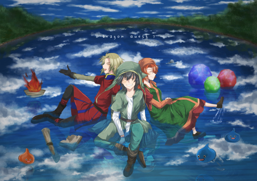 1girl, 2boys, black_hair, blonde_hair, blush, brown_hair, closed_eyes, clouds, copyright_name, dragon_quest, dragon_quest_vii, dress, fire, hat, hero_(dq7), kiefer, kinorin, maribel, multiple_boys, open_mouth, outstretched_arm, partially_submerged, reflection, sitting, sky, slime_(dragon_quest), smile, staff, water