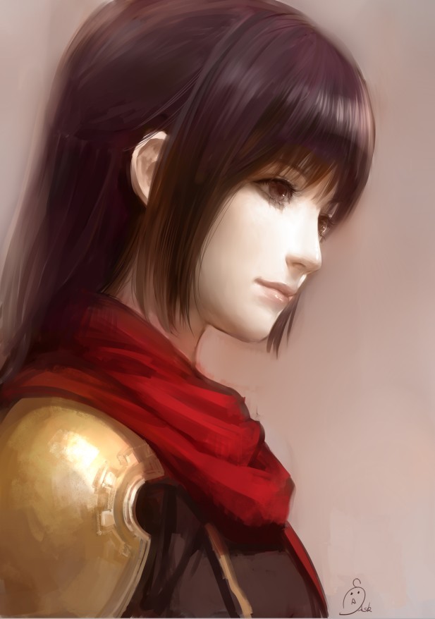 1girl, artist_name, ask_(askzy), brown_background, brown_eyes, brown_hair, deuce_(fft-0), final_fantasy