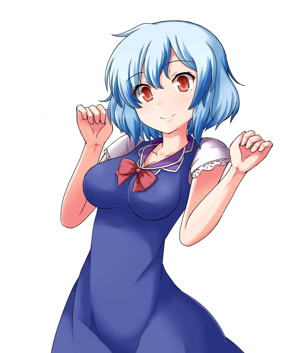 1girl, alternate_hair_length, alternate_hairstyle, blue_dress, blue_hair, breasts, dress, headwear_removed