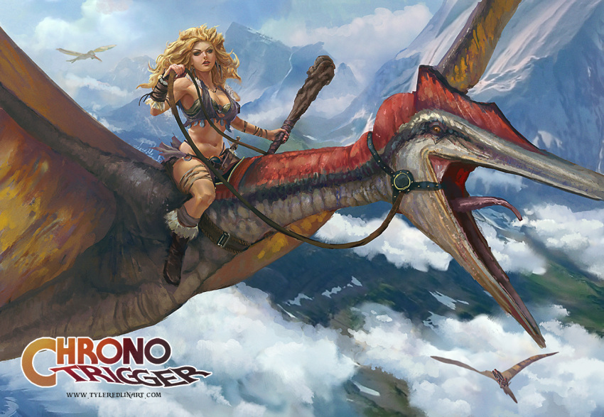 1girl, ayla_(chrono_trigger), blonde_hair, blue_eyes, breasts, chrono_trigger, cleavage, curly_hair, dinosaur, long_hair, tyler_edlin