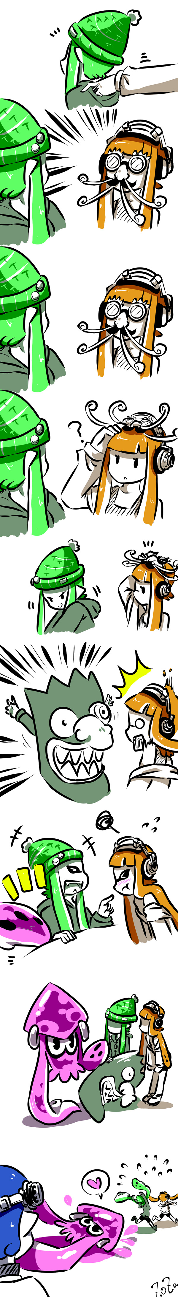 2boys, 2girls, :p, :t, absurdres, angry, artist_name, beanie, blue_hair, blush, chasing, closed_eyes, comic, courage_the_cowardly_dog, crazy_(zoza), domino_mask, donut_(zoza), earrings, fangs, fleeing, flying_sweatdrops, fume, funny_glasses, glasses, goggles, goggles_on_head, green_hair, hat, headphones, heart, highres, hood, hoodie, jewelry, kraken_(splatoon), long_hair, long_image, mask, multiple_boys, multiple_girls, open_mouth, orange_hair, partially_colored, party_horn, pointy_ears, pudding_(zoza), sane_(zoza), short_hair, signature, silent_comic, smile, splatoon, spoken_heart, surprised, tall_image, tentacle_hair, tongue, tongue_out, topknot, zoza