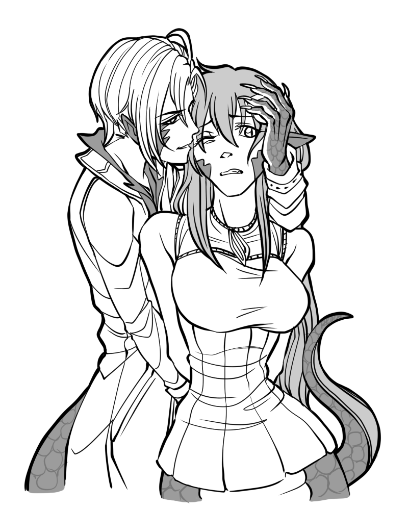 artist_request, breasts, draco_(monster_musume), dragon_girl, greyscale, lamia, large_breasts, miia_(monster_musume)