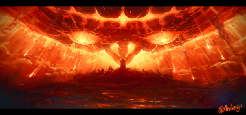 ag+_(atelieriji), bad_end, city, destruction, glowing, glowing_eyes, highres, moon