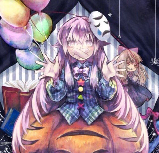1girl, balloon, book, bow, bowtie, bubble_skirt, comedy/tragedy_mask, curtains