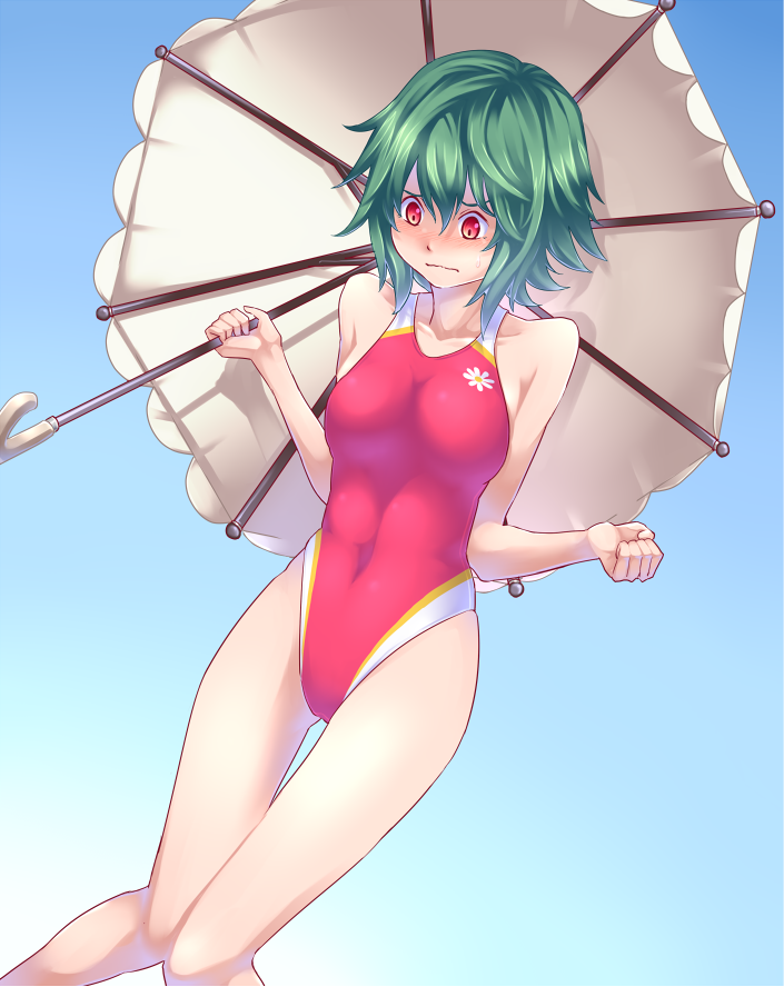 1girl, competition_swimsuit, green_hair, kazami_yuuka, mendou_saya, one-piece_swimsuit, red_eyes, short_hair