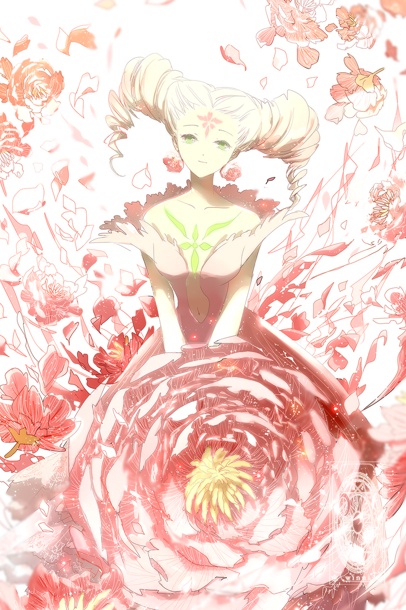 1girl, artist_name, bare_shoulders, blonde_hair, blurry, breasts, cardcaptor_sakura, center_opening, closed_mouth, clow_card, collarbone, depth_of_field, dress, drill_hair, earrings, facial_mark, flower, flower_(clow_card), flower_earrings, forehead_mark, green_eyes, hair_ornament, head_tilt, highres, jewelry, light_particles, navel, petals, pink_dress, red_flower, ribbon, shade, smile, solo, stomach, twin_drills, winni
