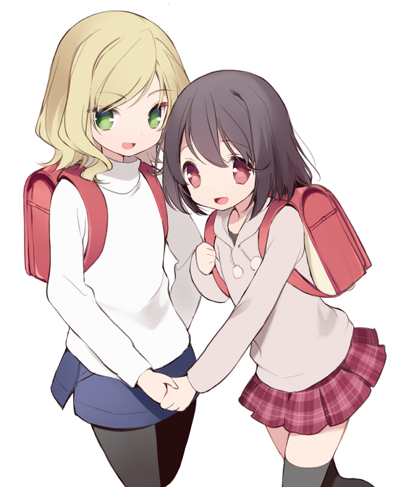 2girls, :d, backpack, bag, bangs, black_legwear, blonde_hair, blue_skirt