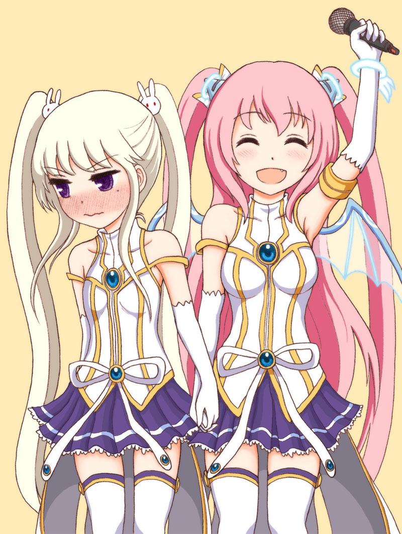 2girls, angelic_buster, artist_request, blush, bunny_hair_ornament, closed_eyes, gloves, gradient