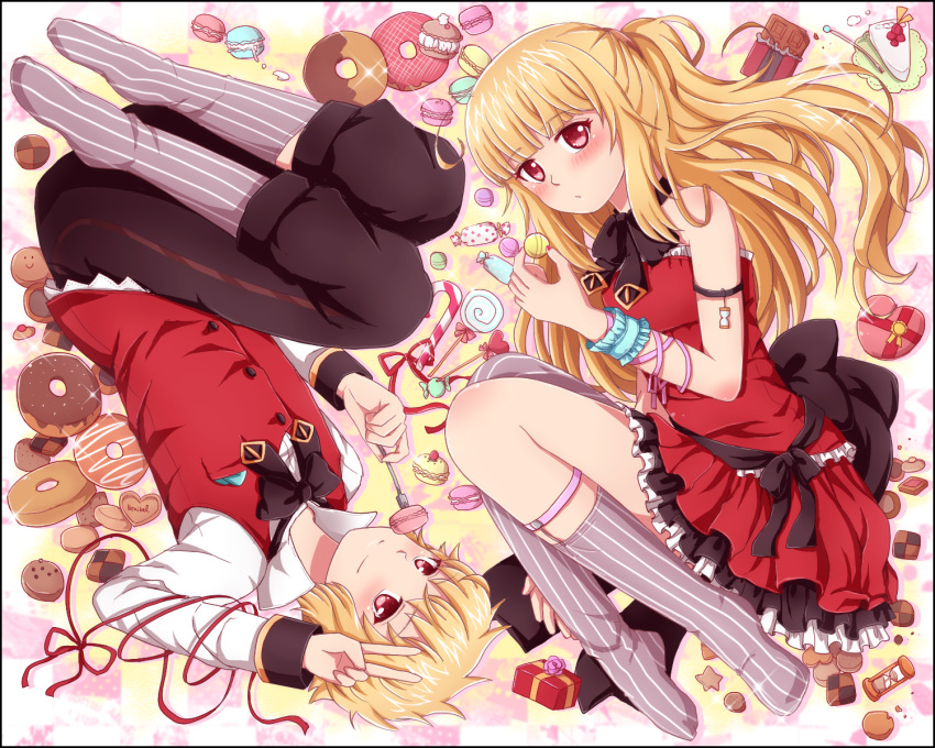 1boy, 1girl, alpha_(maplestory), benika, beta_(maplestory), blonde_hair, blush, cake, candy, candy_cane, chocolate, cookie, doughnut, dress, food, fork, grin, heart, highres, hourglass, lollipop, maplestory, nail_polish, parted_lips, ponytail, red_dress, red_eyes, red_ribbon, ribbon, smile, socks, striped, striped_legwear