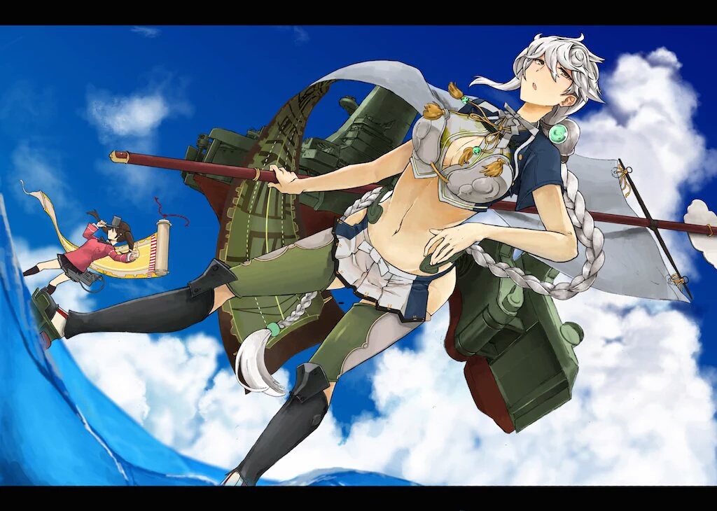 2girls, afloat, black_skirt, braid, breasts, brown_hair, cleavage_cutout, cloud_print