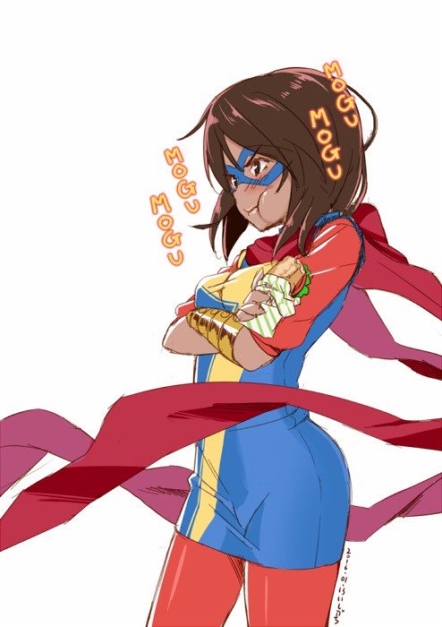 1girl, brown_eyes, brown_hair, crossed_arms, dark_skin, dated, domino_mask, eating