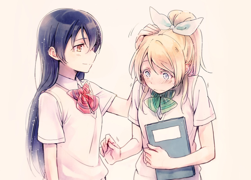 2girls, ayase_eli, blonde_hair, blue_eyes, blue_hair, blush, book, bow, bowtie, brown_eyes, commentary_request, flinch, frown, hair_bow, holding, holding_book, long_hair, looking_at_another, love_live!_school_idol_project, multiple_girls, pale_color, petting, ponytail, school_uniform, short_sleeves, simple_background, smile, sonoda_umi, sweatdrop, yukiiti, yuri