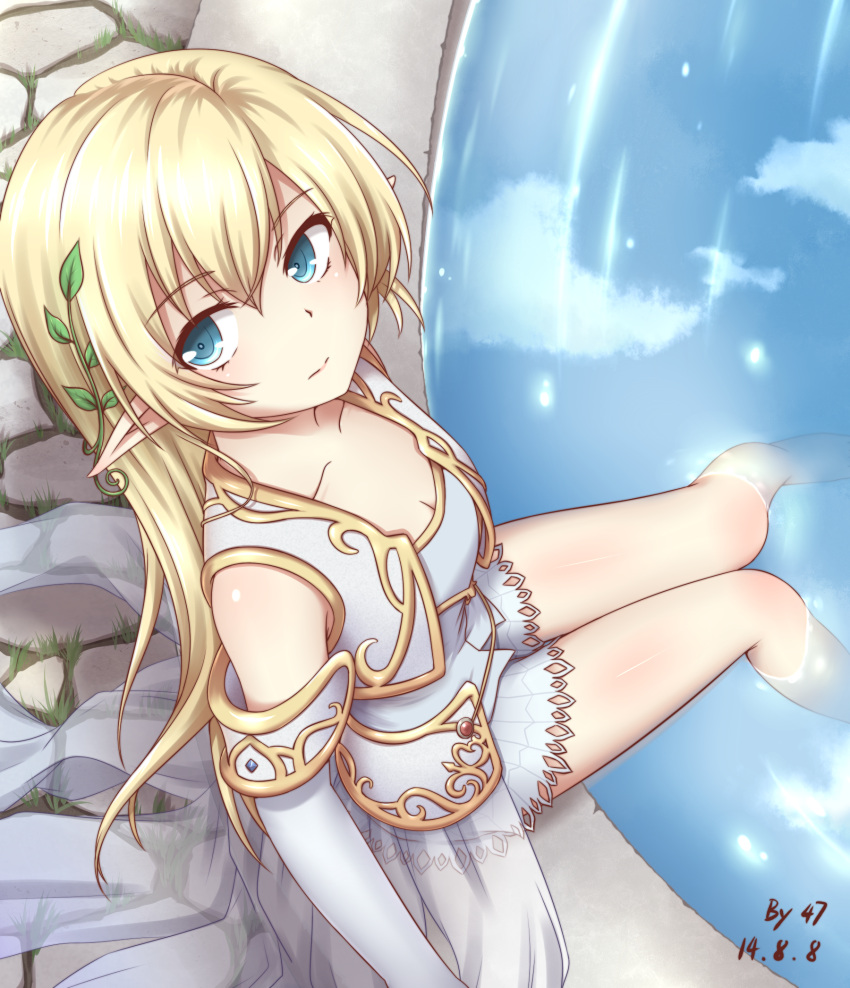1girl, 47_(479992103), bare_legs, blonde_hair, blue_eyes, breasts, cleavage, dated, gloves, highres, maplestory, mercedes_(maplestory), pointy_ears, skirt, water, white_gloves