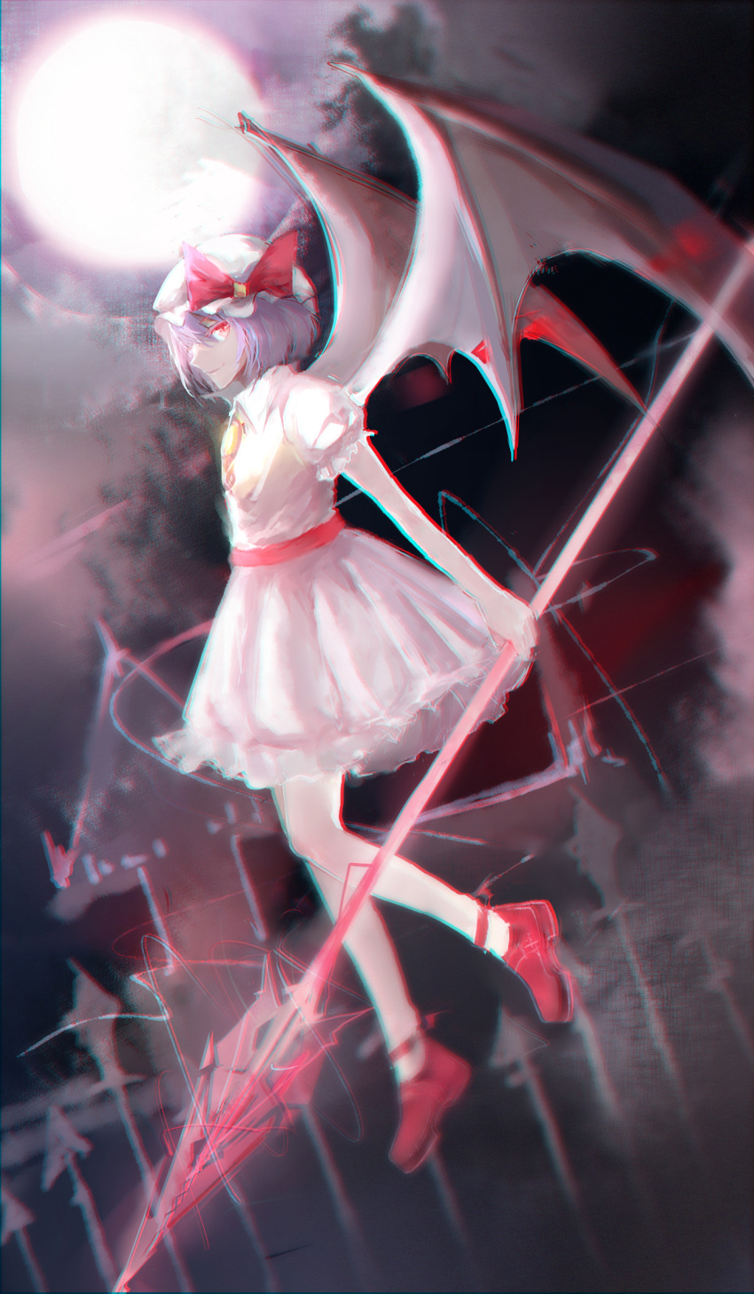 1girl, anaglyph, ankle_ribbon, bat_wings, blurry_background, bow, brooch, clouds