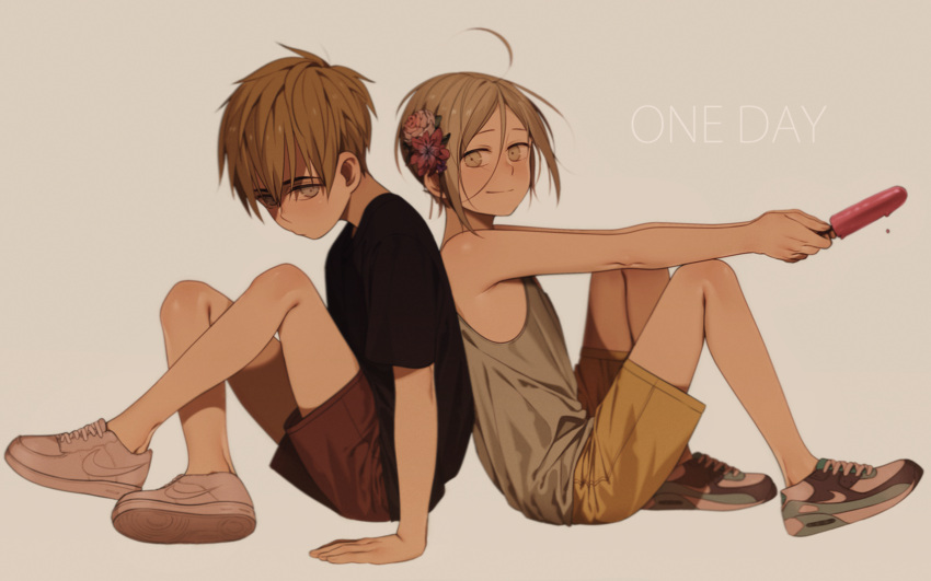 19_tian, 2boys, arm_at_side, arm_support, back-to-back, bangs, black_shirt, blush, child, closed_mouth, cross-laced_footwear, dripping, e7_(runaway162), flower, food, from_side, full_body, grey_eyes, grey_shirt, hair_between_eyes, hair_flower, hair_ornament, highres, holding, holding_food, looking_at_viewer, multiple_boys, outstretched_arms, pink_flower, popsicle, pout, red_flower, red_shorts, shade, shirt, shoes, short_sleeves, silver_hair, simple_background, sitting, smile, sneakers, t-shirt, tank_top, text, white_shoes, yellow_shorts, younger