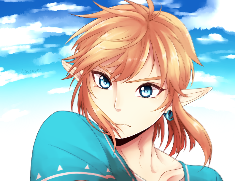 1boy, blue_eyes, blue_sky, brown_hair, clouds, collarbone, earrings, frown