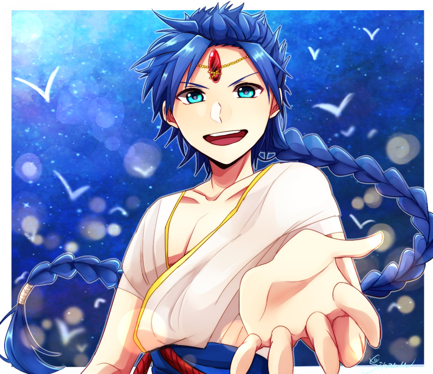 1boy, aladdin_(magi), blue_eyes, blue_hair, blue_sky, braid, forehead_jewel, foreshortening