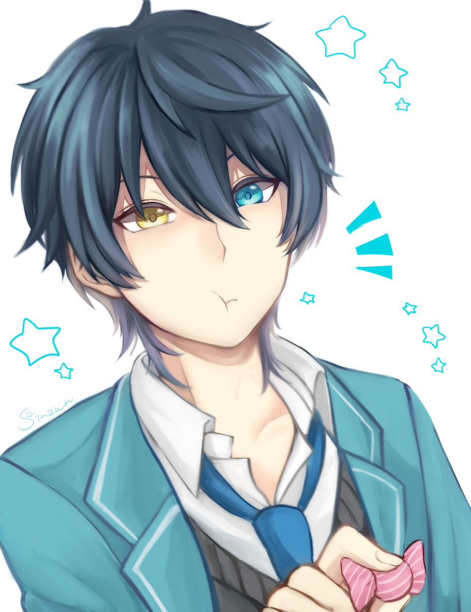 1boy, black_hair, blue_eyes, candy, ensemble_stars!, heterochromia, highres, kagehira_mika