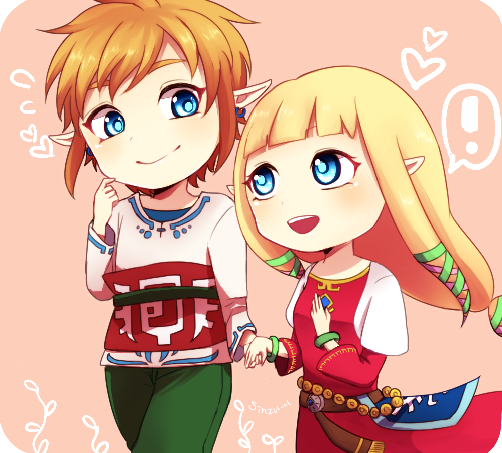!, 1boy, 1girl, artist_name, bangs, blonde_hair, blue_eyes, bracelet, dress, hand_on_own_chest, heart, holding_hands, jewelry, link, open_mouth, orange_hair, pointy_ears, princess_zelda, red_dress, signature, sinzuu, smile, spoken_exclamation_mark, the_legend_of_zelda, the_legend_of_zelda:_skyward_sword