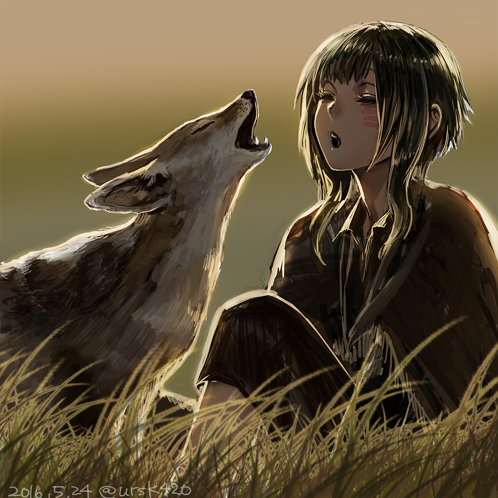 2016, androgynous, animal, backlighting, bangs, black_hair, blurry, closed_eyes, dated, depth_of_field, eyelashes, facepaint, fangs, fox, fringe, grass, howling, open_mouth, original, outdoors, shawl, short_hair, sidelocks, sitting, sketch, twitter_username, uraki_(tetsu420)