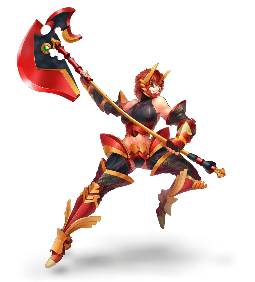 1girl, absurdres, armor, armored_boots, axe, bare_shoulders, boots, breasts, character_request, dragon, fingerless_gloves, full_body, gloves, green_eyes, highres, large_breasts, midriff, navel, original, redhead, short_hair, smile, solo, tenha_(tenpalion444), weapon