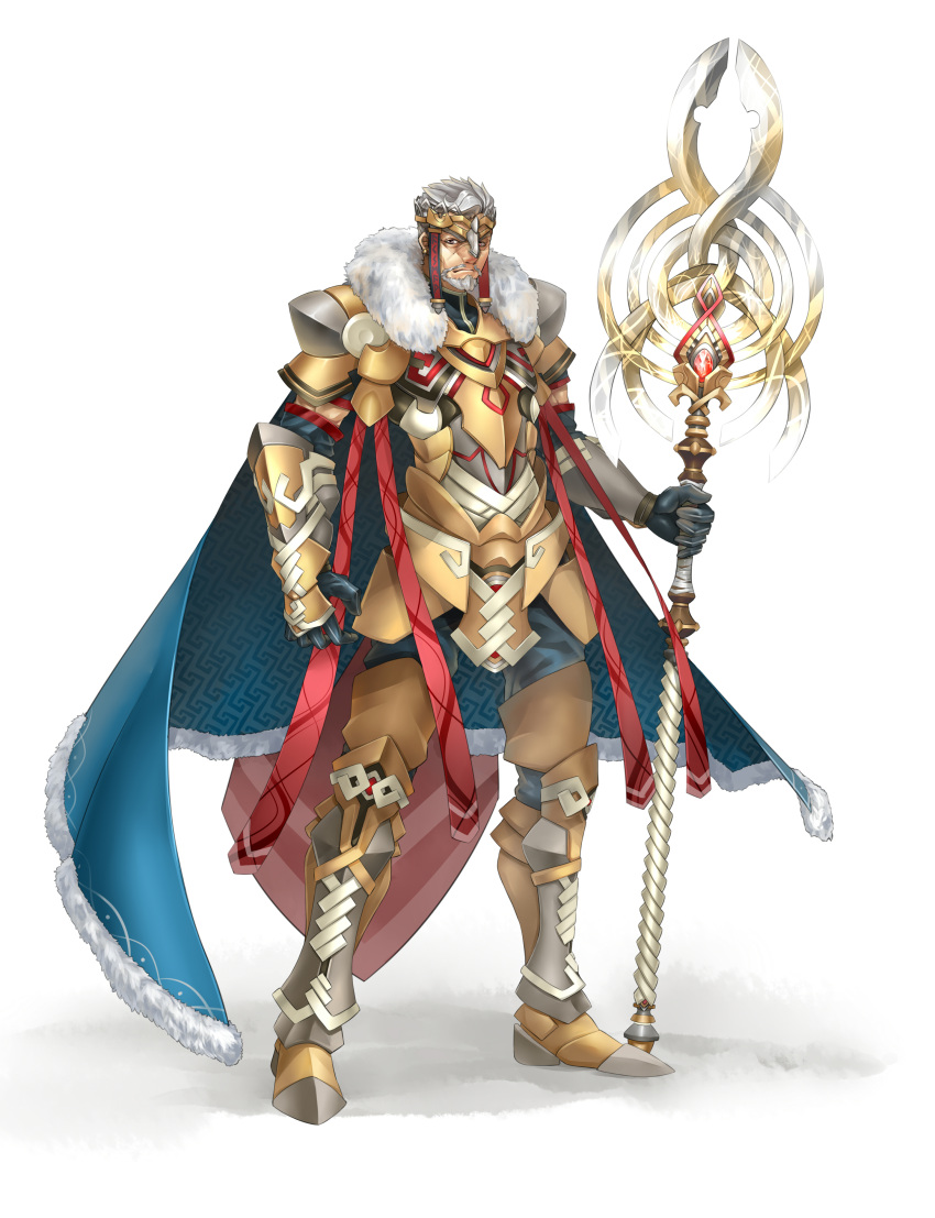 1boy, absurdres, armor, black_gloves, boots, cape, forehead_protector, gloves, grey_hair, highres, looking_at_viewer, male_focus, norse_mythology, original, short_hair, solo, standing, tenha_(tenpalion444), weapon