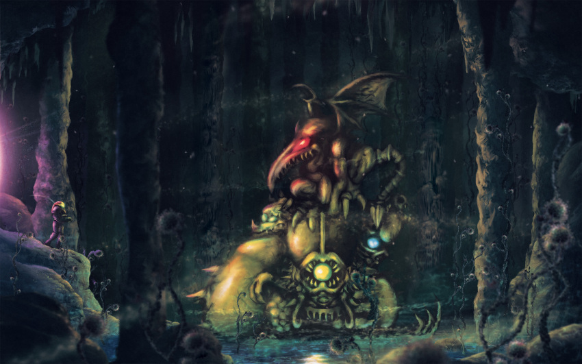 arm_cannon, cave, claws, draygon, glowing, glowing_eyes, gravity_suit, highres, kraid, metroid, orioto, phantoon, plant, ridley, samus_aran, sharp_teeth, solo, spikes, statue, super_metroid, teeth, water, weapon, wings