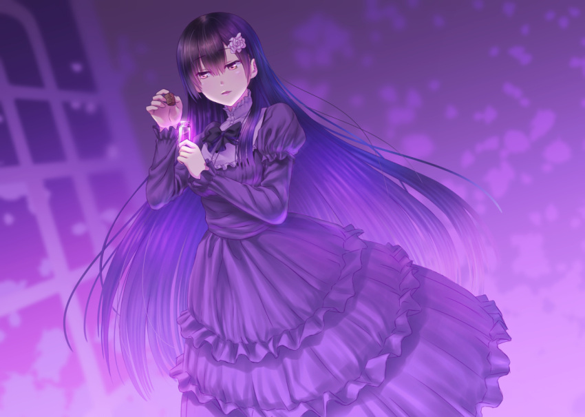 1girl, black_dress, black_hair, bow, dress, ese_shinshi, flower, frills
