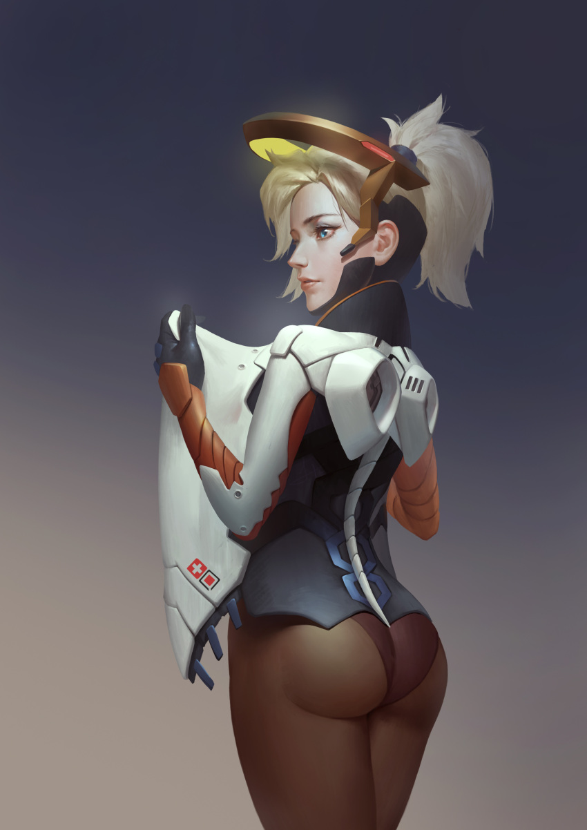 1girl, absurdres, alessandro_jie, ass, black_panties, blonde_hair, blue_eyes, bodysuit, cowboy_shot, from_behind, high_ponytail, highres, holding, long_hair, looking_away, mechanical_halo, mercy_(overwatch), overwatch, panties, panties_under_pantyhose, pantyhose, ponytail, short_hair, solo, thighs, trefoil, underwear