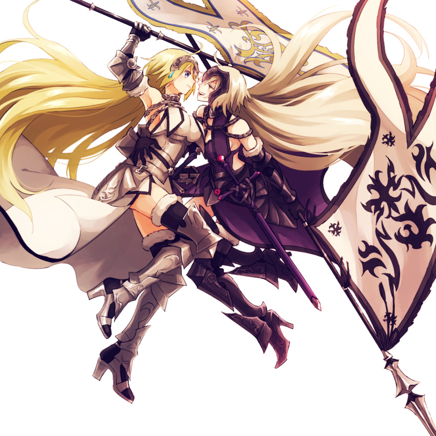 2girls, :d, ahoge, arm_around_waist, arm_at_side, arm_up, armor, armored_boots
