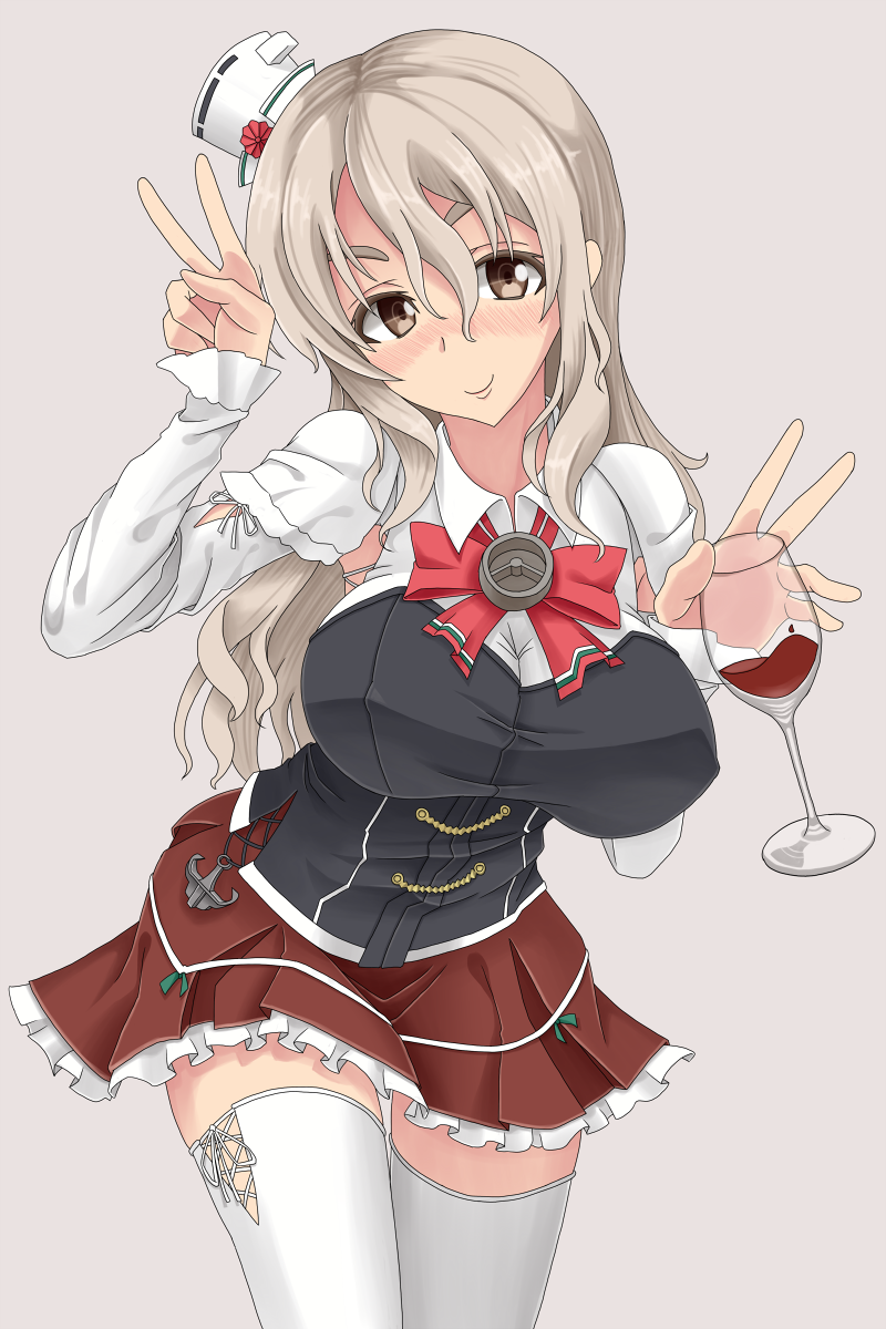 1girl, alcohol, ascot, grey_eyes, grey_hair, highres, kantai_collection, long_hair
